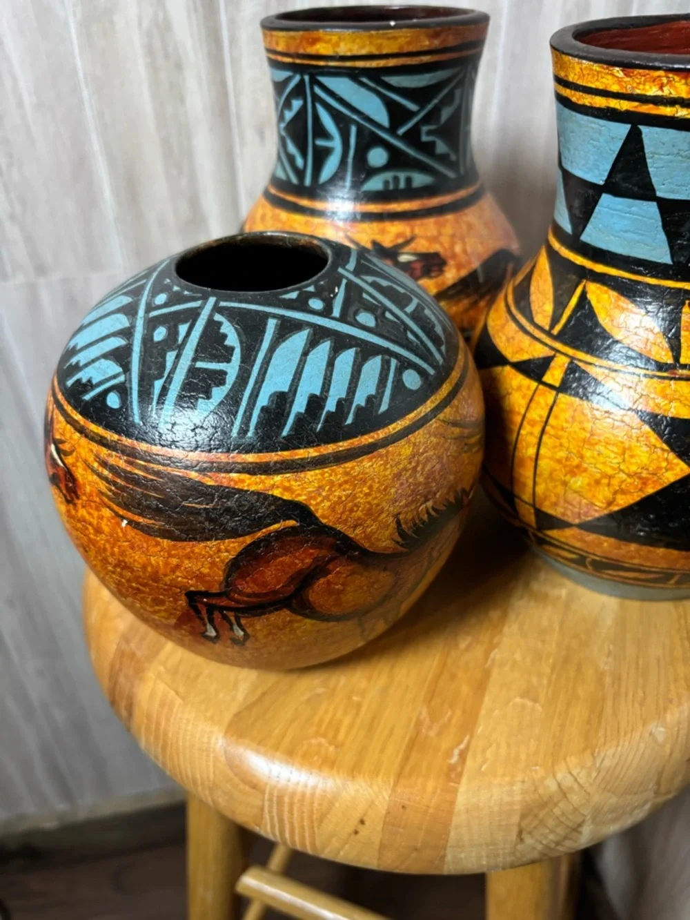 Solis Ollin Mexican Pottery Vases Hand painted Signed in Mexico Horses Cave Art